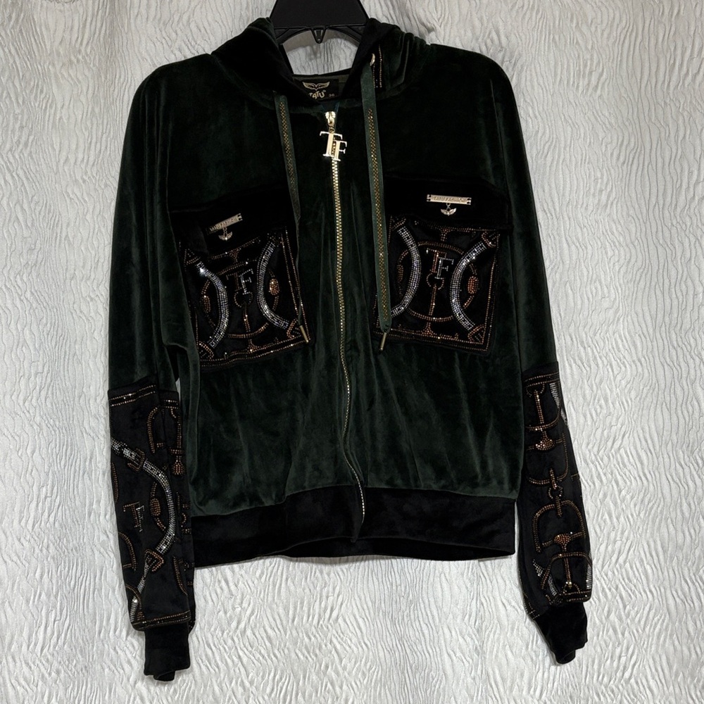 Tatu Fashion Bling Velour Zip Up Hoodie Green- Size XL / 36
